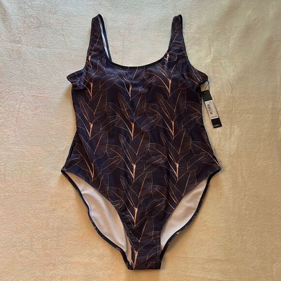 NWT Nicole Miller Purple with Gold Tropical Floral Print One Piece Swimsuit 1X - Picture 1 of 14
